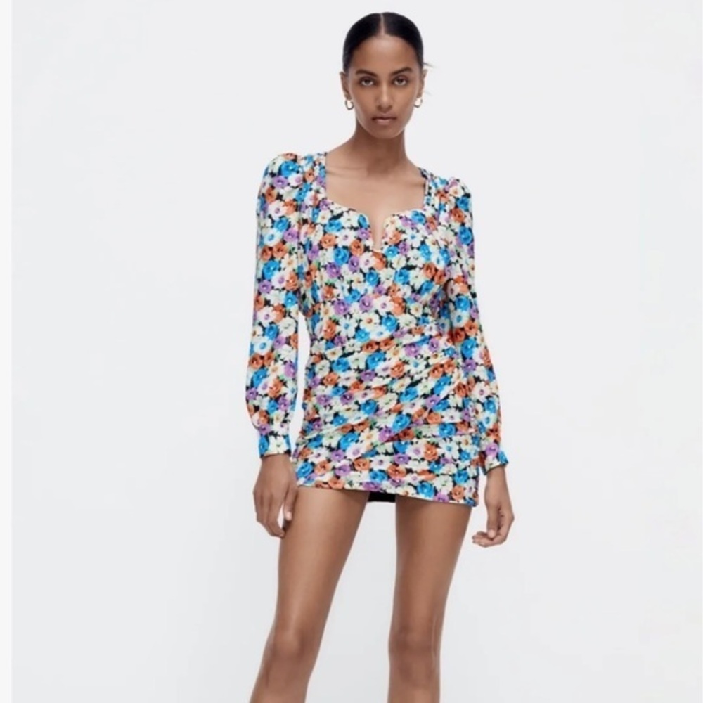 Brand New Zara Multi Color Floral Long Sleeve Mini Dress Size S Ref 8782/672/050
